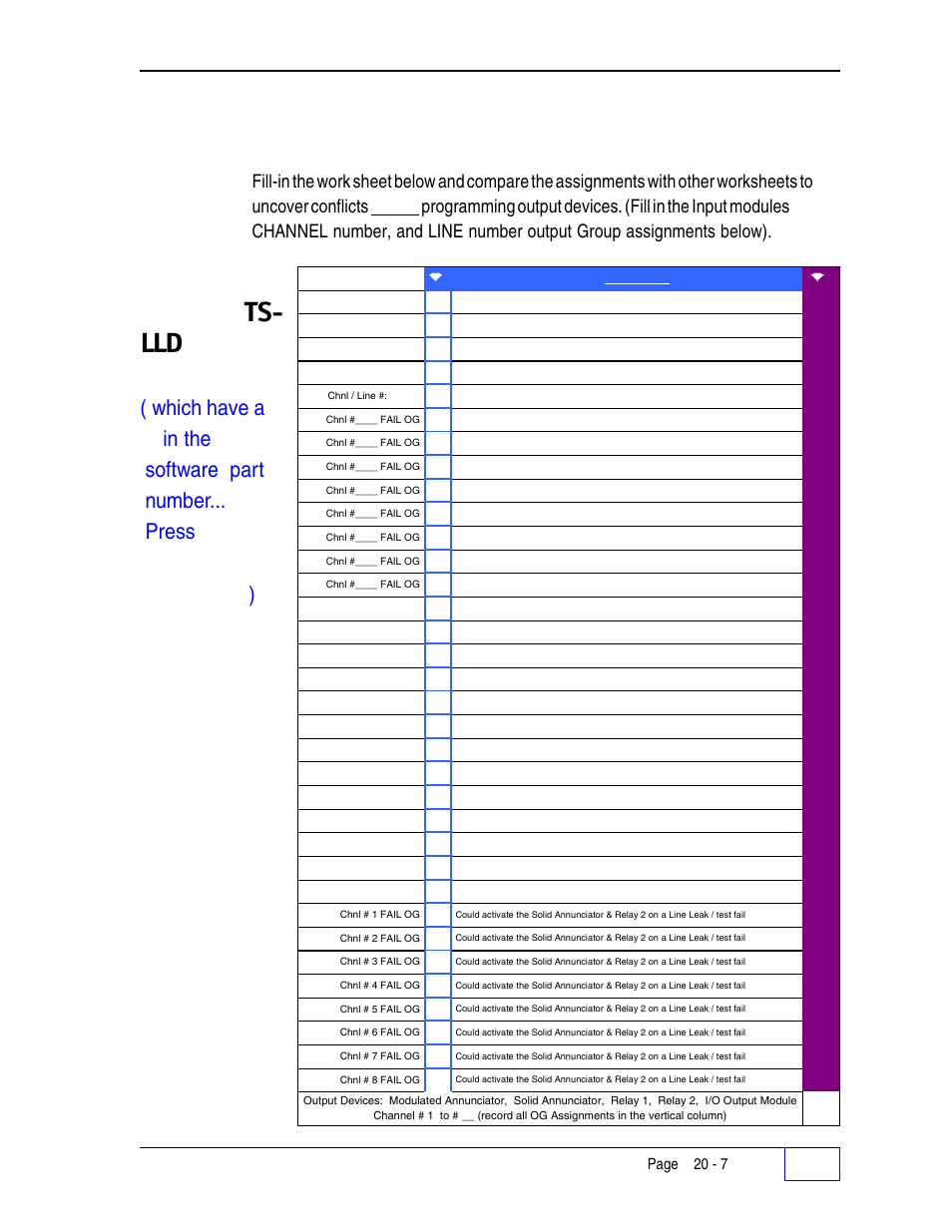 Not with ts- lld consoles, Worksheet #20-2 – output groups – line inputs only, Check | Options | Franklin Fueling Systems Tank Sentinel (TS-1001, 2001, 504, 508 & 750) Setup Programming Guide User Manual | Page 119 / 184