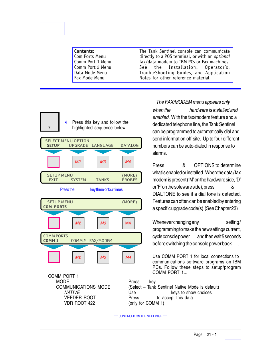 21 communication ports setup programming 21, Comm ports menu 21, 21 communication ports setup programming | Comm ports menu | Franklin Fueling Systems Tank Sentinel (TS-1001, 2001, 504, 508 & 750) Setup Programming Guide User Manual | Page 121 / 184