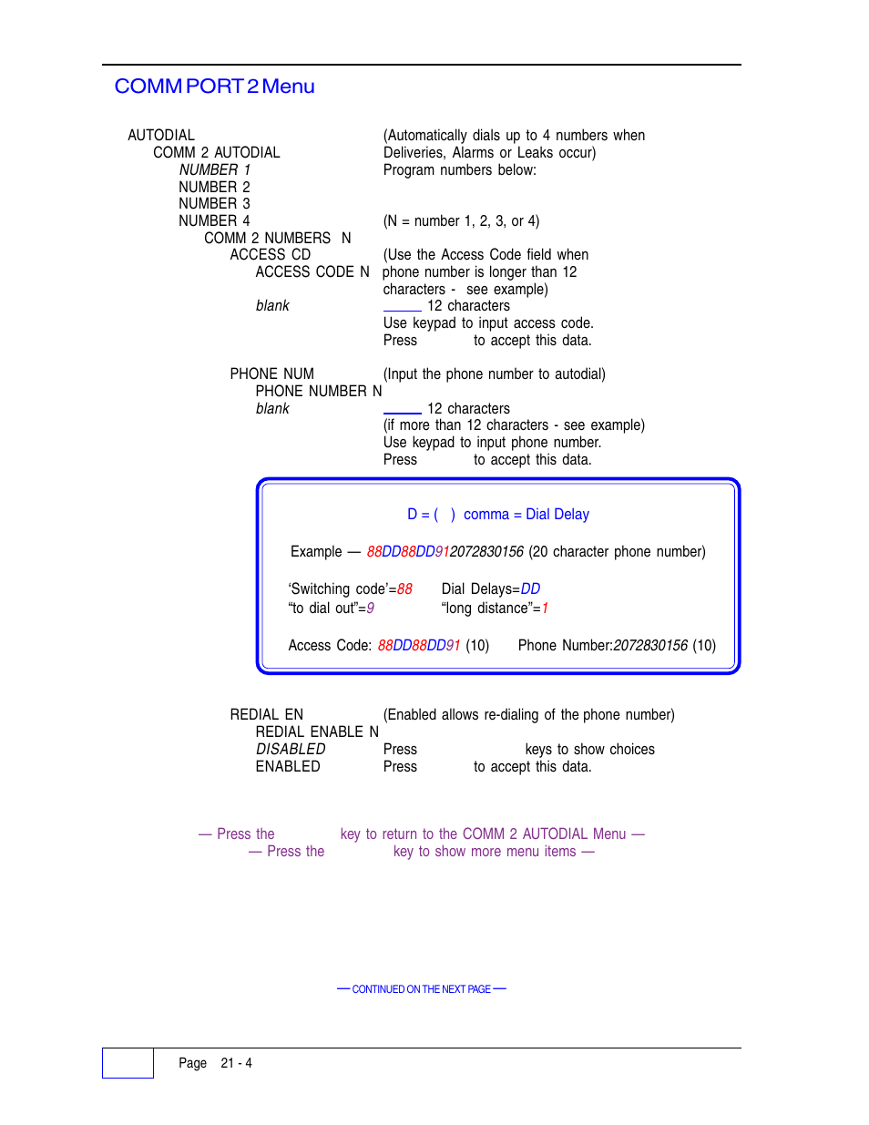 Comm port 2 menu (continued... ) | Franklin Fueling Systems Tank Sentinel (TS-1001, 2001, 504, 508 & 750) Setup Programming Guide User Manual | Page 124 / 184