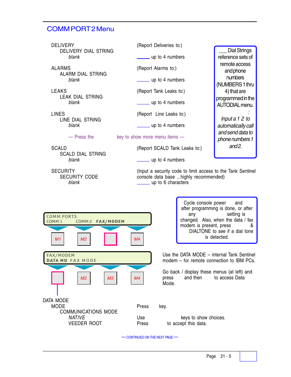 Data mode menu 21, Comm port 2 menu (continued... ), Data mode menu | Franklin Fueling Systems Tank Sentinel (TS-1001, 2001, 504, 508 & 750) Setup Programming Guide User Manual | Page 125 / 184