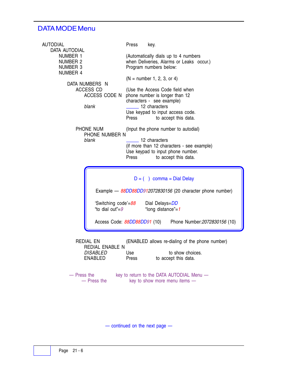 Data mode menu (continued... ) | Franklin Fueling Systems Tank Sentinel (TS-1001, 2001, 504, 508 & 750) Setup Programming Guide User Manual | Page 126 / 184