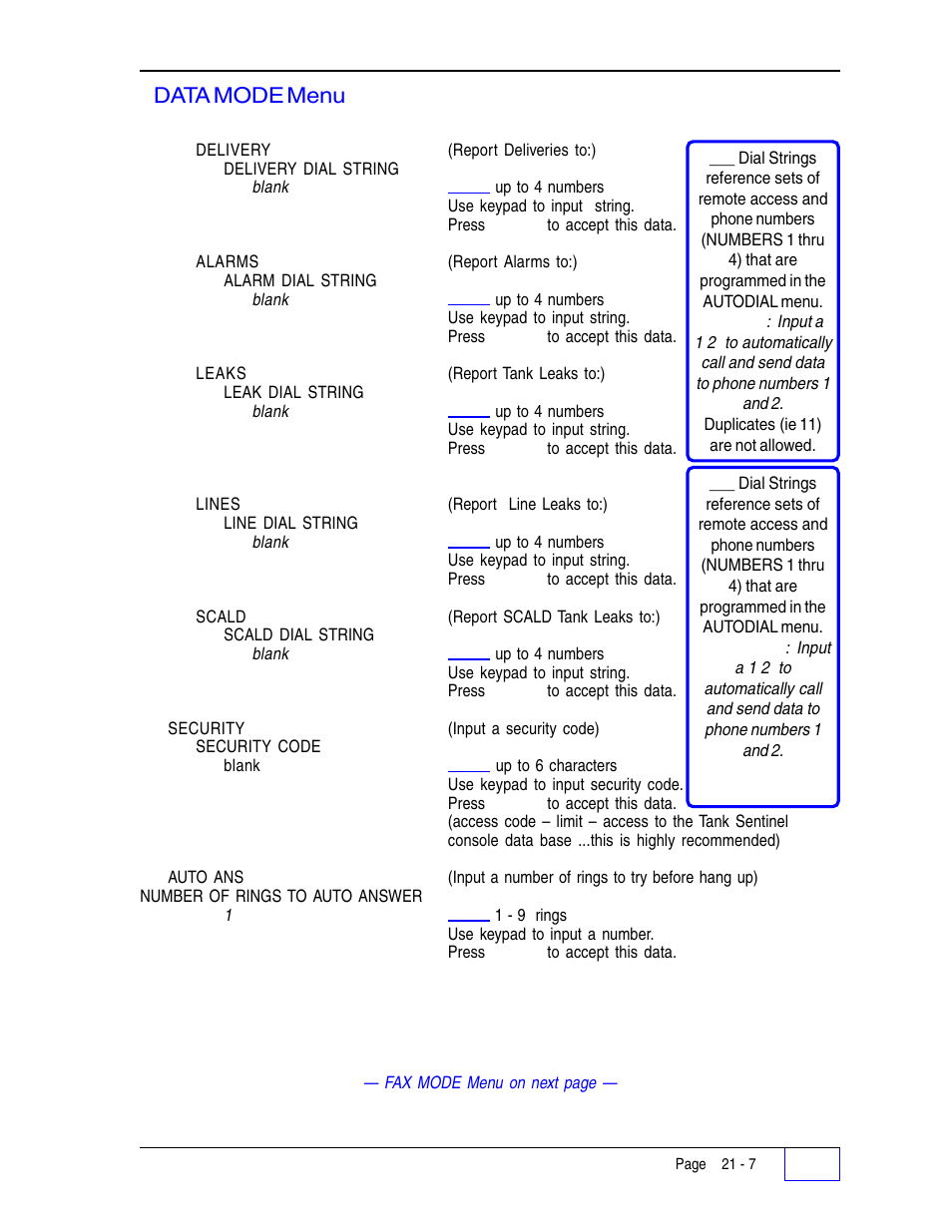 Data mode menu (continued... ) | Franklin Fueling Systems Tank Sentinel (TS-1001, 2001, 504, 508 & 750) Setup Programming Guide User Manual | Page 127 / 184