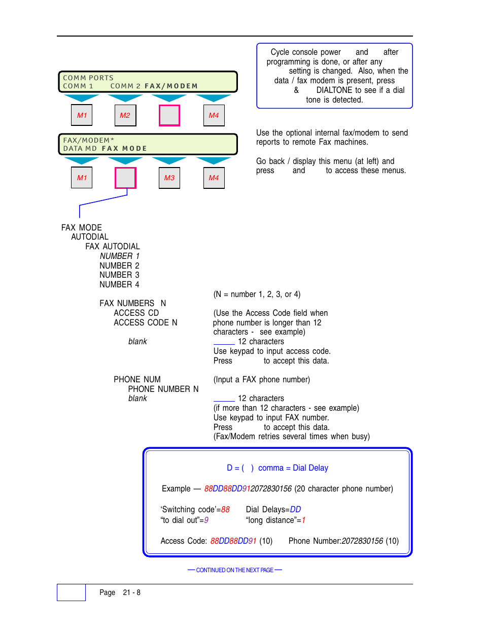 Fax mode menu 21, Fax mode menu | Franklin Fueling Systems Tank Sentinel (TS-1001, 2001, 504, 508 & 750) Setup Programming Guide User Manual | Page 128 / 184