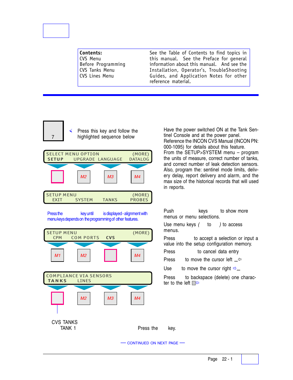 Cvs menu 22, 22 compliance via sensors (cvs) setup programming, Cvs menu | Franklin Fueling Systems Tank Sentinel (TS-1001, 2001, 504, 508 & 750) Setup Programming Guide User Manual | Page 131 / 184