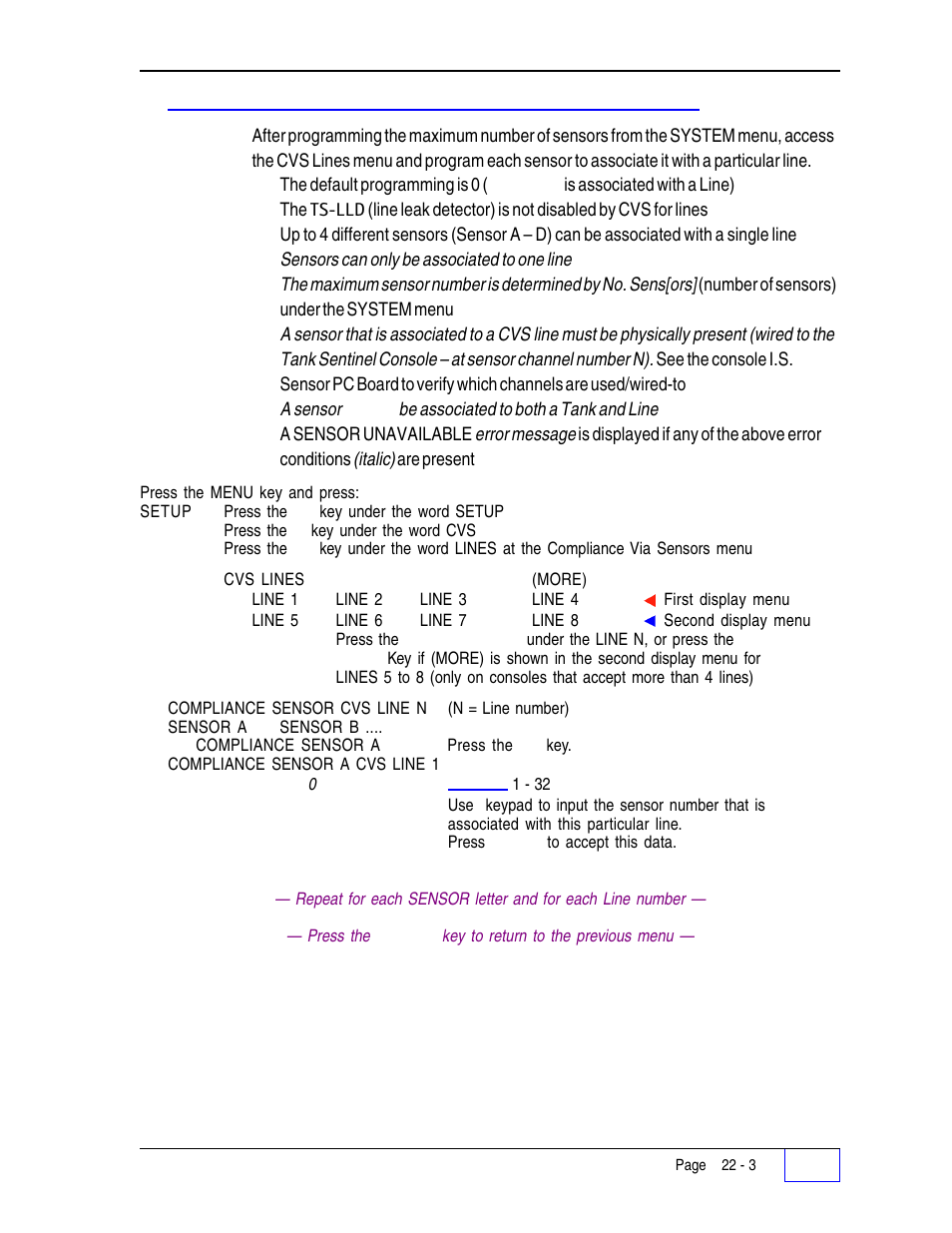 Cvs lines menu 22 | Franklin Fueling Systems Tank Sentinel (TS-1001, 2001, 504, 508 & 750) Setup Programming Guide User Manual | Page 133 / 184