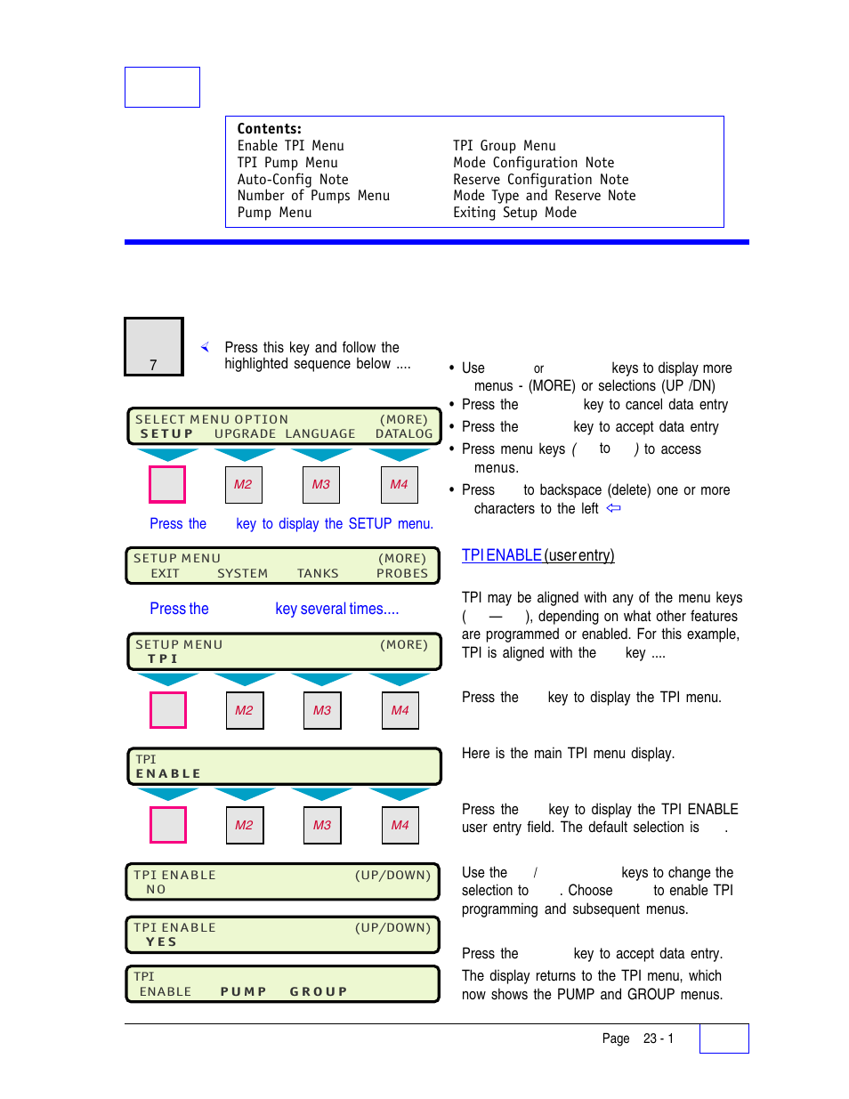 23 ts-tpi setup programming 23, Tpi menu 23, 23 ts-tpi setup programming | Tpi menu | Franklin Fueling Systems Tank Sentinel (TS-1001, 2001, 504, 508 & 750) Setup Programming Guide User Manual | Page 135 / 184