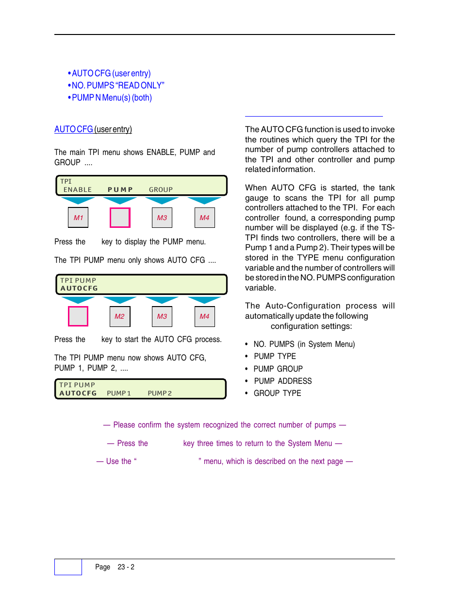 Tpi pump menu(s) 23, Auto - configuration note 23, Tpi pump menu(s) | Franklin Fueling Systems Tank Sentinel (TS-1001, 2001, 504, 508 & 750) Setup Programming Guide User Manual | Page 136 / 184
