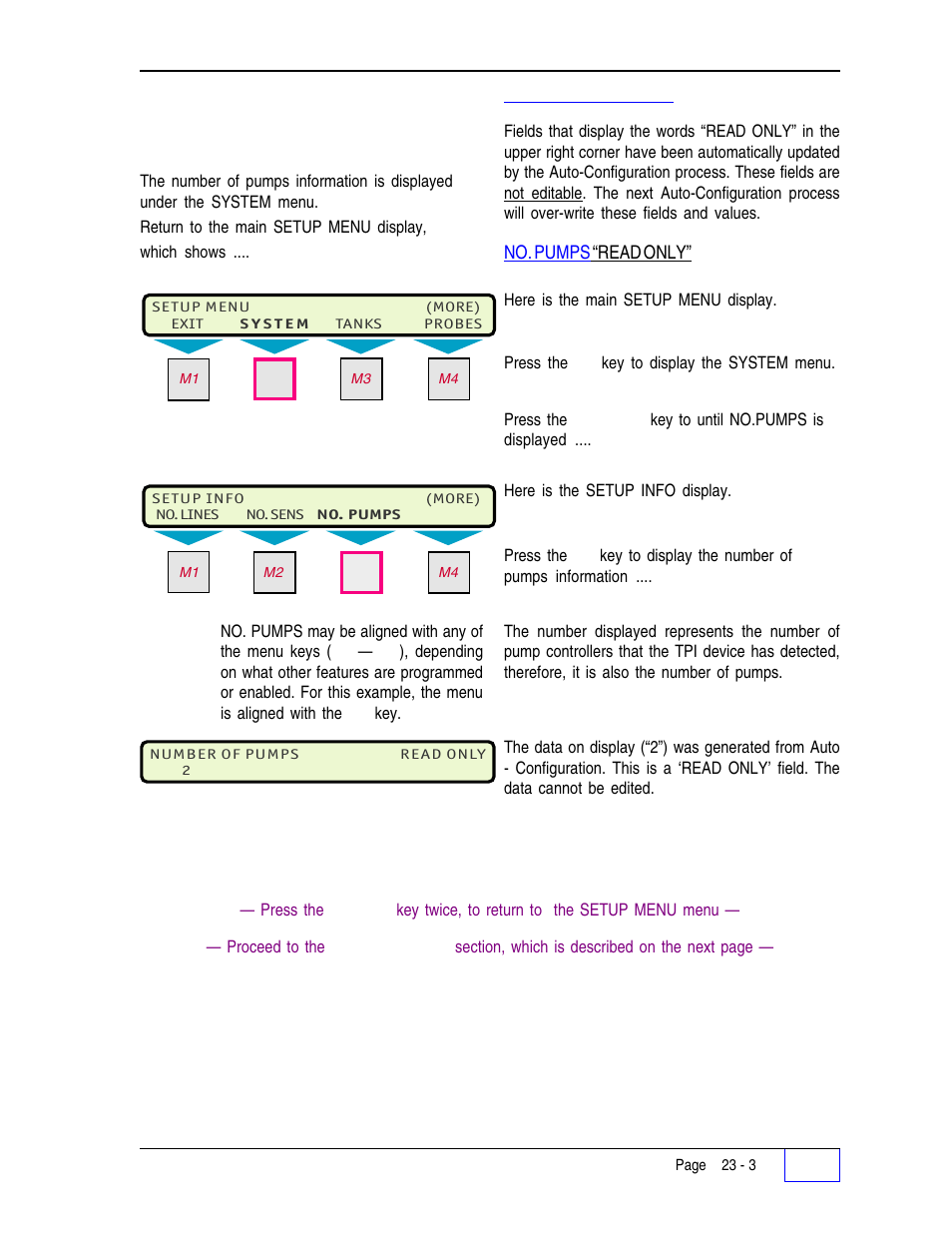 Number of pumps menu 23, Read only note 23, Number of pumps menu | Franklin Fueling Systems Tank Sentinel (TS-1001, 2001, 504, 508 & 750) Setup Programming Guide User Manual | Page 137 / 184