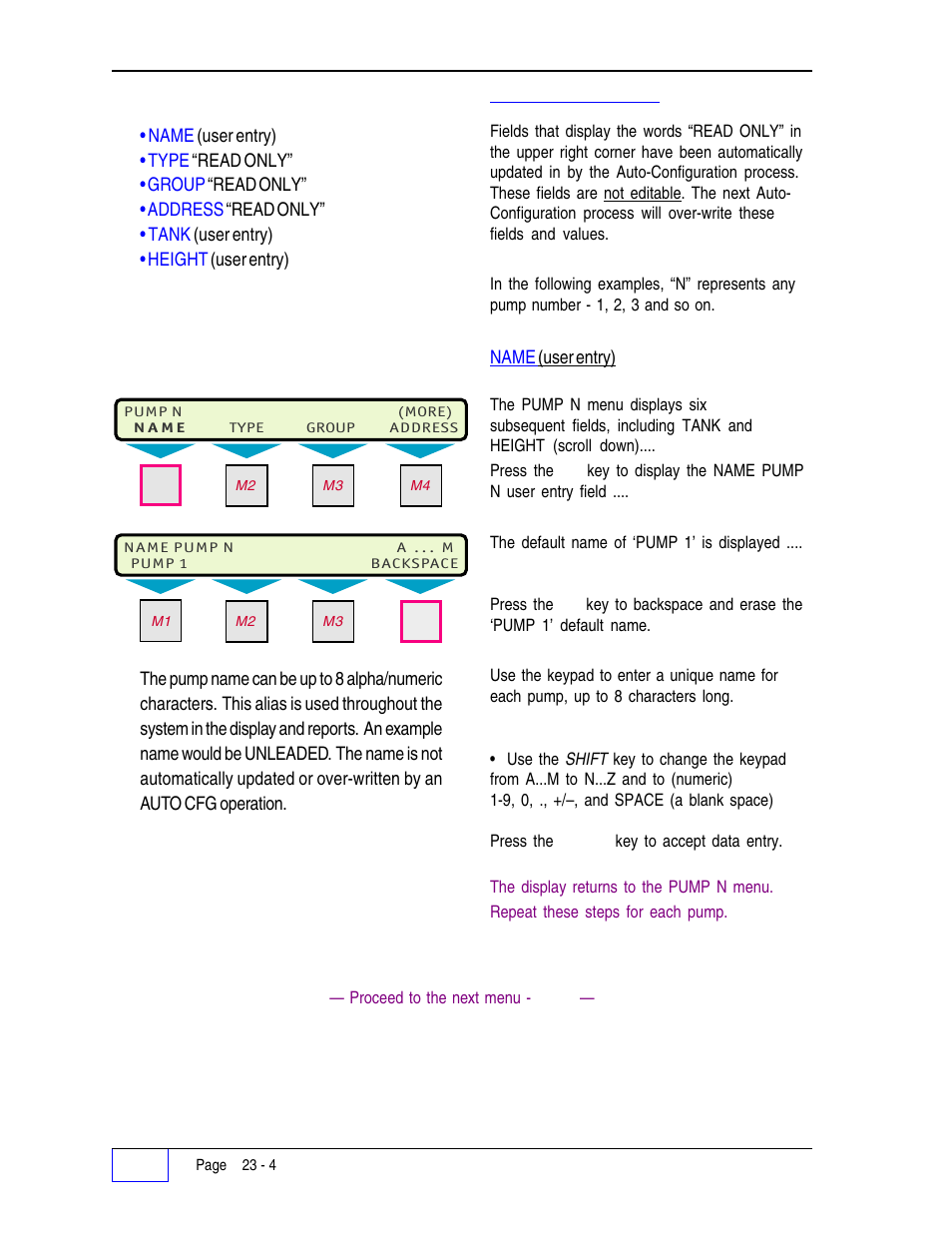 Pump n menu(s) 23, Read only note 23, Pump n menu(s) | Franklin Fueling Systems Tank Sentinel (TS-1001, 2001, 504, 508 & 750) Setup Programming Guide User Manual | Page 138 / 184