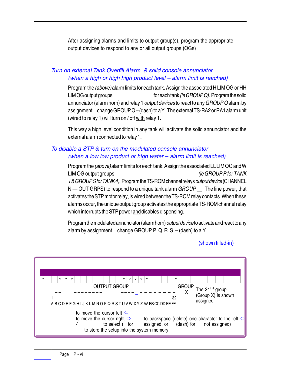 Programming output devices: p, Example applications: p, Programming output devices | Above), Ie group o), Output devices, Group o, Unique, For each tank, Ie group p for tank 1 & group s for tank 4) | Franklin Fueling Systems Tank Sentinel (TS-1001, 2001, 504, 508 & 750) Setup Programming Guide User Manual | Page 14 / 184