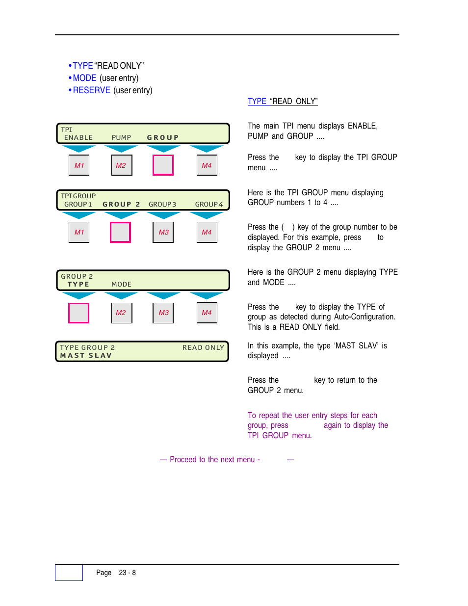 Tpi group menu 23, Tpi group menu | Franklin Fueling Systems Tank Sentinel (TS-1001, 2001, 504, 508 & 750) Setup Programming Guide User Manual | Page 142 / 184