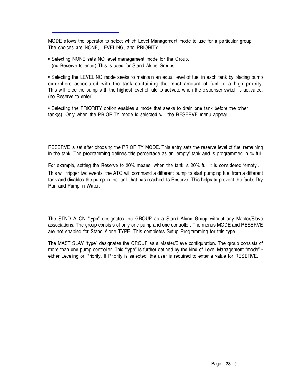 Mode "user entry" note 23, Reserve configuration note 23, Mode type and reserve note 23 | Franklin Fueling Systems Tank Sentinel (TS-1001, 2001, 504, 508 & 750) Setup Programming Guide User Manual | Page 143 / 184