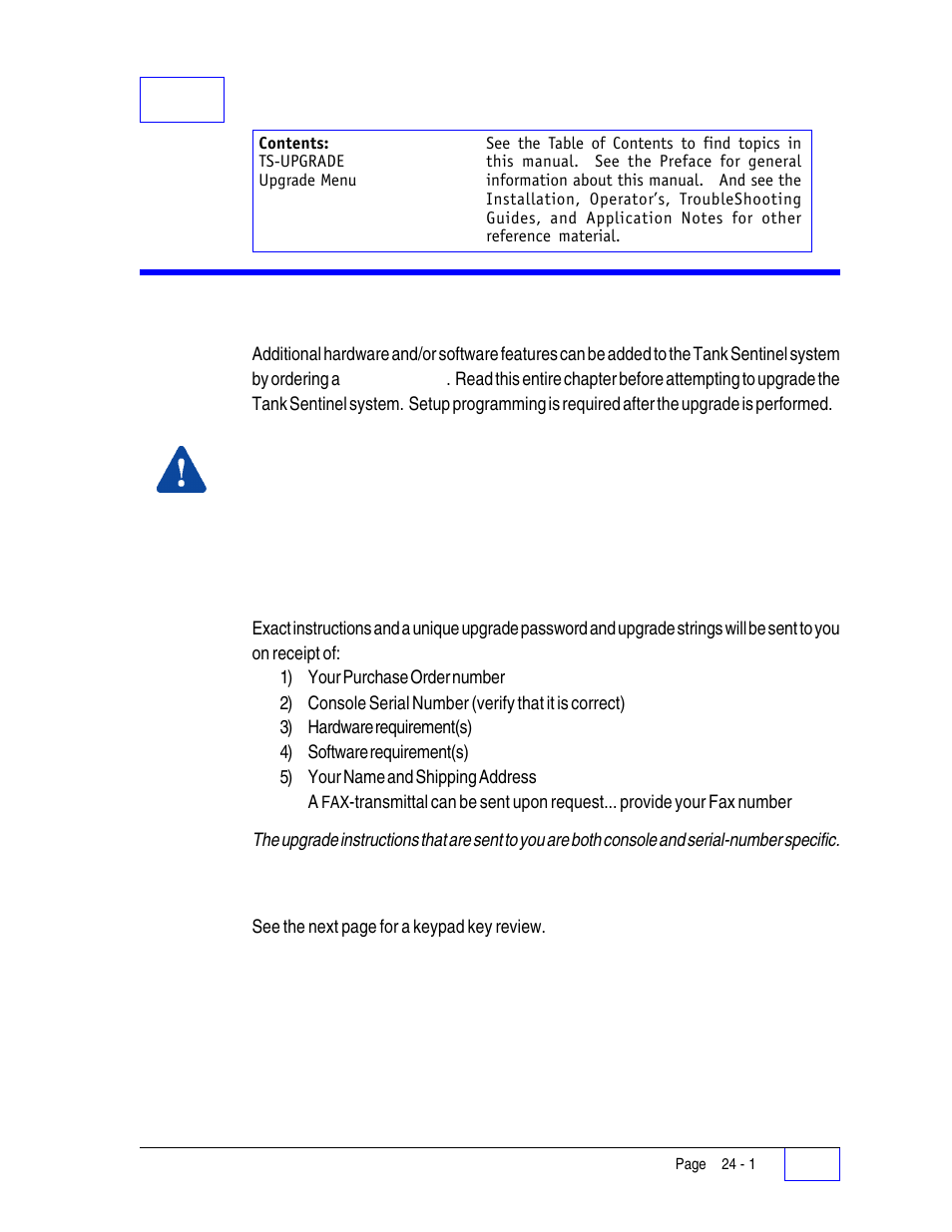 24 upgrade menu 24, Ts-upgrade 24, 24 upgrade menu | Franklin Fueling Systems Tank Sentinel (TS-1001, 2001, 504, 508 & 750) Setup Programming Guide User Manual | Page 147 / 184