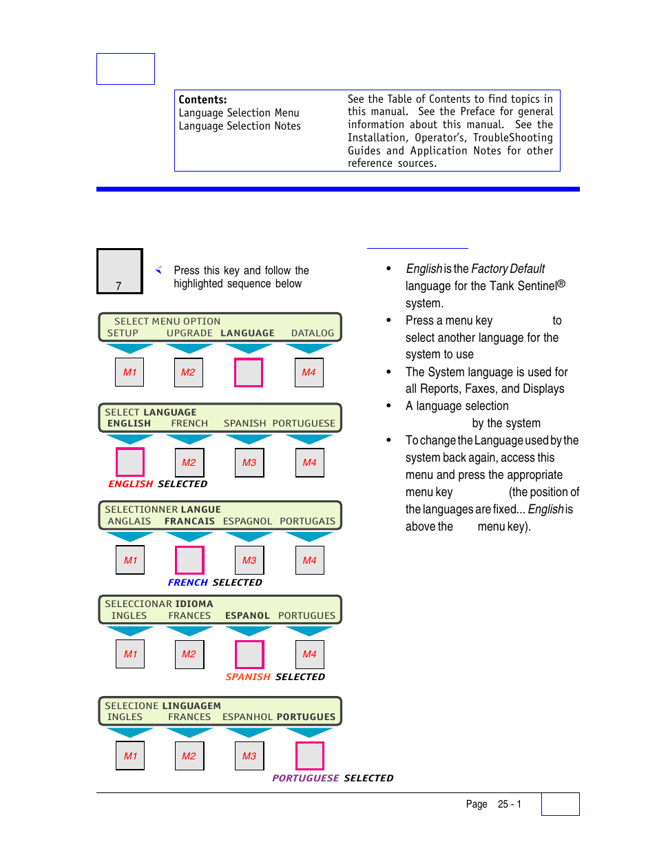 25 language menu 25, Language menu 25, Language notes 25 | 25 language menu, Language menu | Franklin Fueling Systems Tank Sentinel (TS-1001, 2001, 504, 508 & 750) Setup Programming Guide User Manual | Page 151 / 184