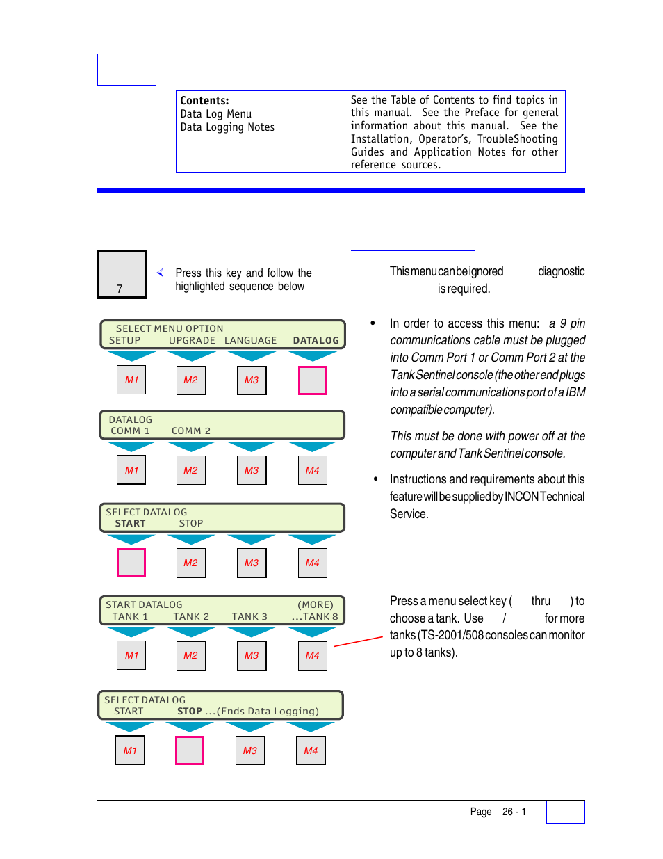 26 data log menu 26, Data log menu 26, Data logging notes 26 | 26 data log menu, Data log menu | Franklin Fueling Systems Tank Sentinel (TS-1001, 2001, 504, 508 & 750) Setup Programming Guide User Manual | Page 153 / 184