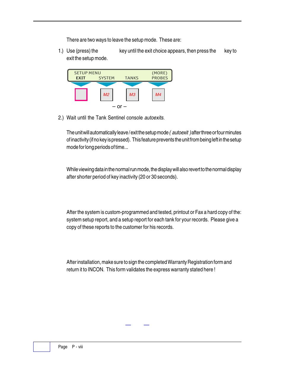 Leaving (exit) setup programming p, After programming is done p | Franklin Fueling Systems Tank Sentinel (TS-1001, 2001, 504, 508 & 750) Setup Programming Guide User Manual | Page 16 / 184