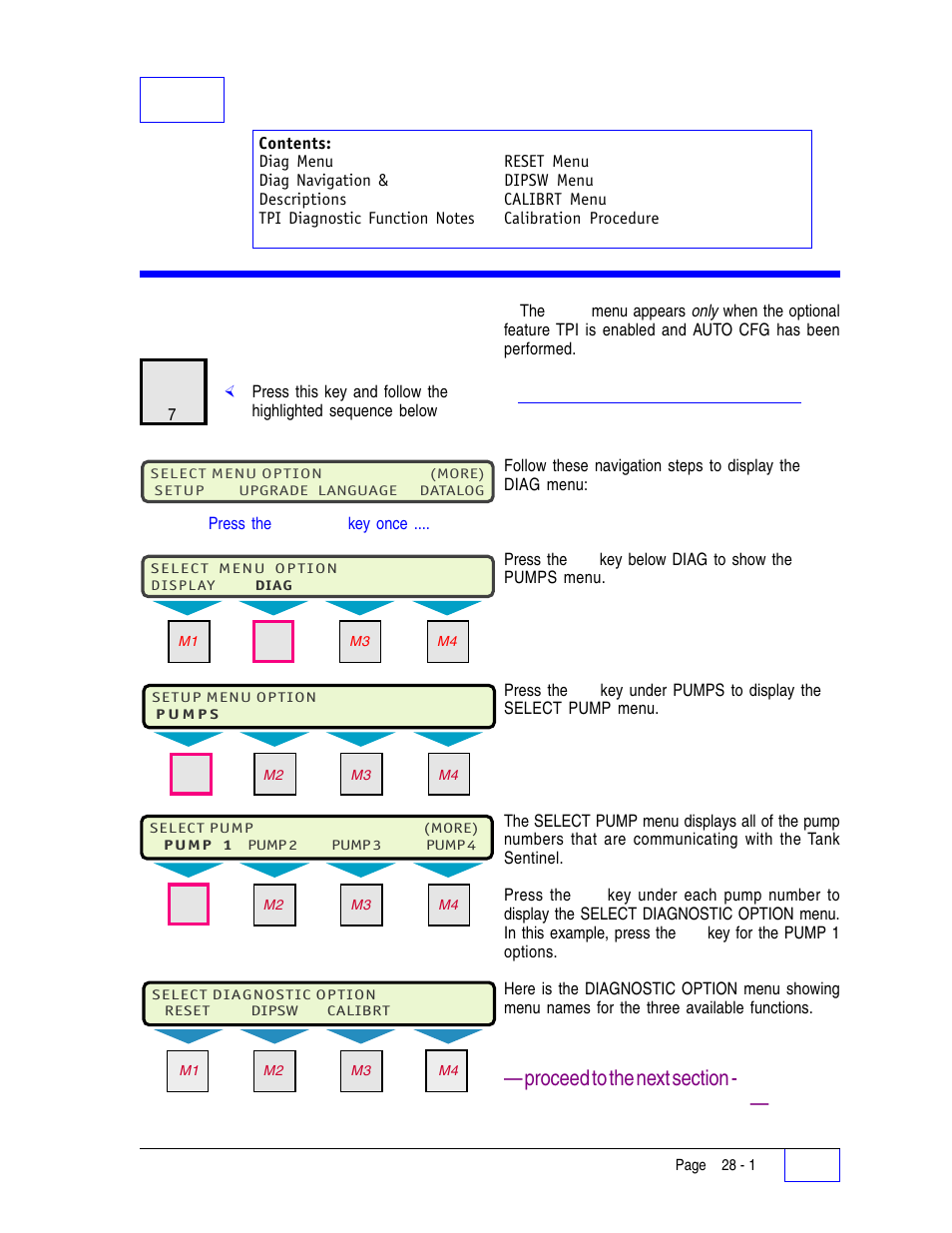 28 diagnostic menu 28, Diag menu 28, Diag navigation & descriptions 28 | 28 di agnostic menu, Diag menu | Franklin Fueling Systems Tank Sentinel (TS-1001, 2001, 504, 508 & 750) Setup Programming Guide User Manual | Page 160 / 184