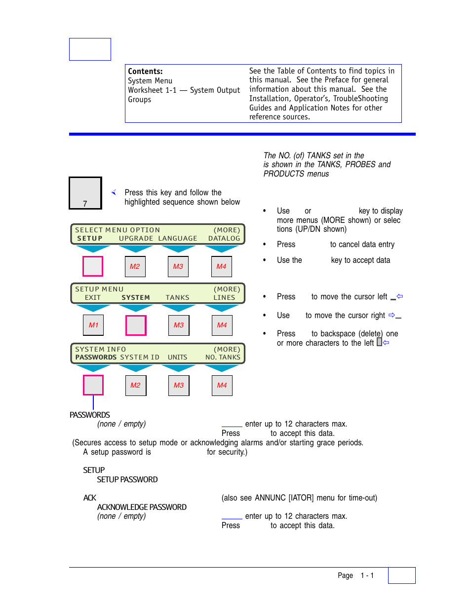1 system setup programming 1, System menu 1, Worksheet 1-1 - system (limits) output groups 1 | 1system setup programming, System menu | Franklin Fueling Systems Tank Sentinel (TS-1001, 2001, 504, 508 & 750) Setup Programming Guide User Manual | Page 17 / 184