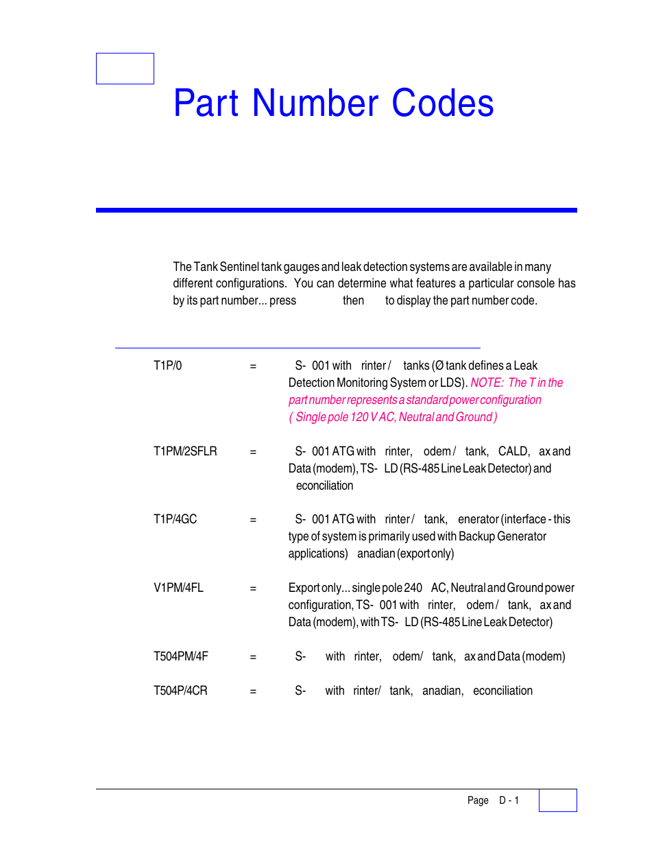 D appendix d part number codes d, Tank sentinel part numbering d, Example part numbers d | Part number codes, Dappendix d | Franklin Fueling Systems Tank Sentinel (TS-1001, 2001, 504, 508 & 750) Setup Programming Guide User Manual | Page 178 / 184