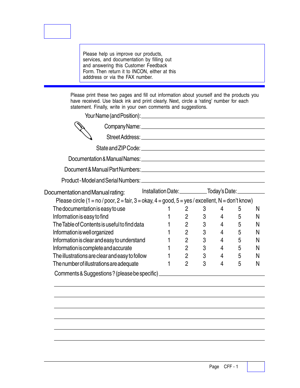 Cff customer feedback form cff, Cff customer feedback form | Franklin Fueling Systems Tank Sentinel (TS-1001, 2001, 504, 508 & 750) Setup Programming Guide User Manual | Page 180 / 184