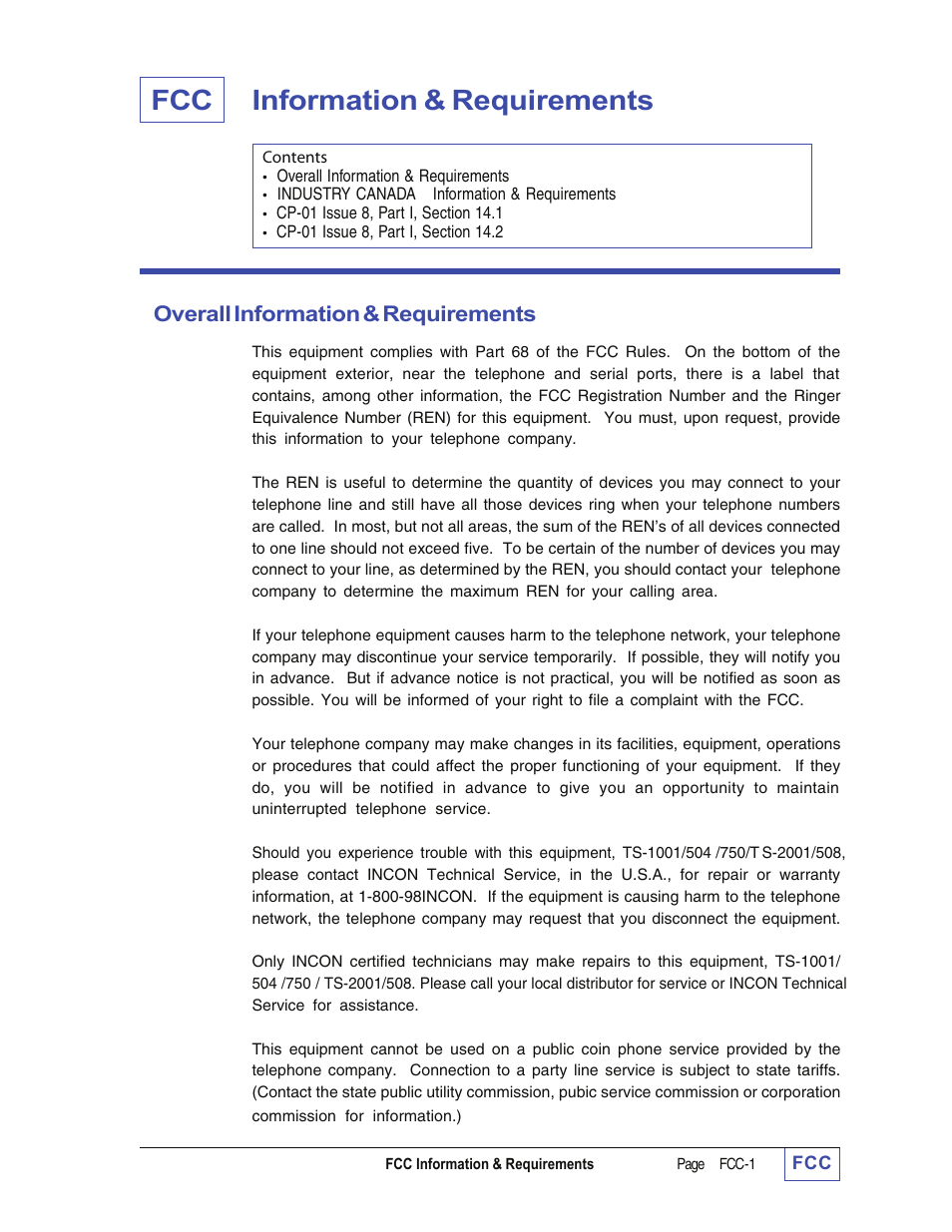 Overall information & requirements fcc, Fcc information & requirements, Overall information & requirements | Franklin Fueling Systems Tank Sentinel (TS-1001, 2001, 504, 508 & 750) Setup Programming Guide User Manual | Page 182 / 184