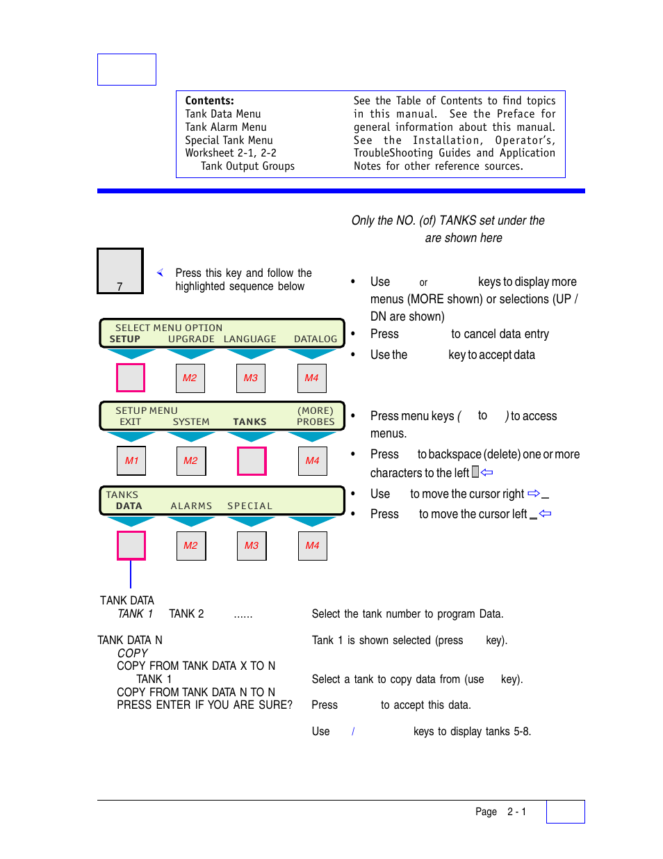 2 tanks setup programming 2, Tanks menu 2, 2tanks setup programming | Tanks menu | Franklin Fueling Systems Tank Sentinel (TS-1001, 2001, 504, 508 & 750) Setup Programming Guide User Manual | Page 24 / 184