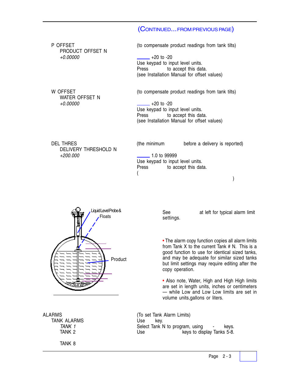 Tanks - tank alarm n menu 2, Figure 2 - 1 typical tank limits 2, Tanks – tank data n menu (c | Tanks – tank alarm n menu | Franklin Fueling Systems Tank Sentinel (TS-1001, 2001, 504, 508 & 750) Setup Programming Guide User Manual | Page 26 / 184