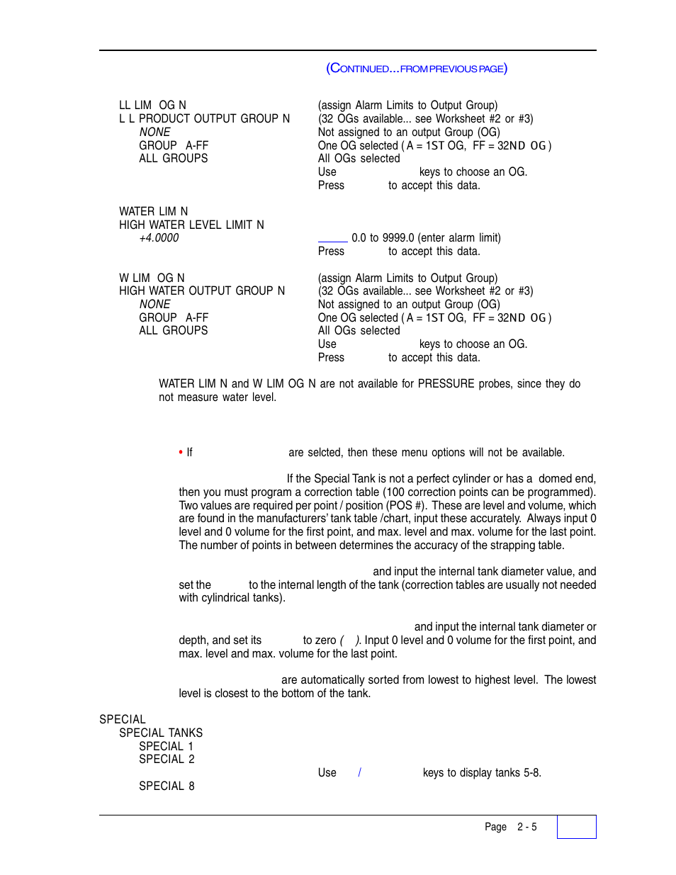 Tanks - special tank n menu 2, Tanks – tank alarm n menu | Franklin Fueling Systems Tank Sentinel (TS-1001, 2001, 504, 508 & 750) Setup Programming Guide User Manual | Page 28 / 184