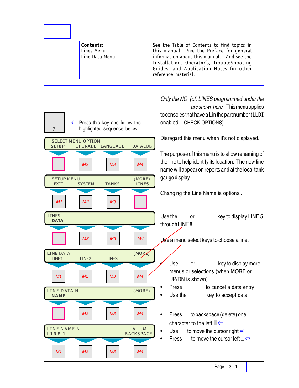3 lines setup programming 3, Lines menu 3, 3lines setup programming | Lines menu | Franklin Fueling Systems Tank Sentinel (TS-1001, 2001, 504, 508 & 750) Setup Programming Guide User Manual | Page 34 / 184