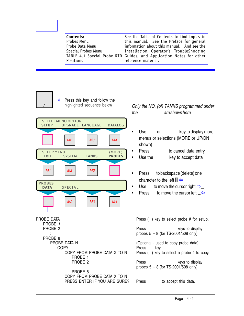 4 probes setup programming 4, Probes menu 4, 4probes setup programming | Probes menu | Franklin Fueling Systems Tank Sentinel (TS-1001, 2001, 504, 508 & 750) Setup Programming Guide User Manual | Page 36 / 184
