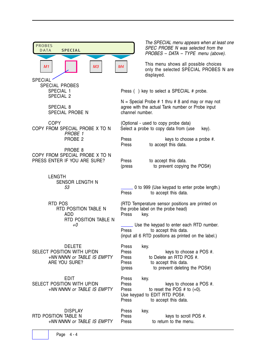 Probes - special menu 4, Probes – special menu | Franklin Fueling Systems Tank Sentinel (TS-1001, 2001, 504, 508 & 750) Setup Programming Guide User Manual | Page 39 / 184