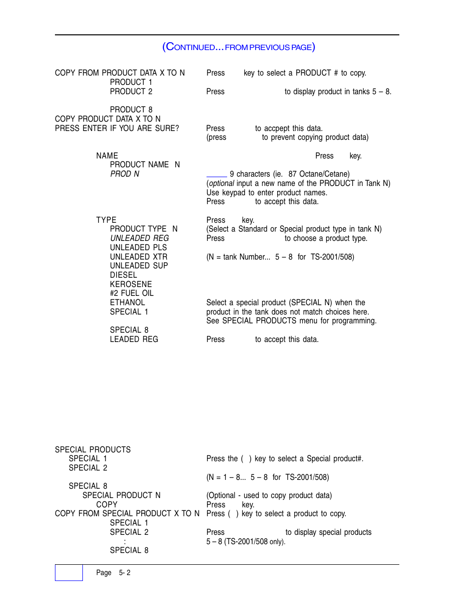 Special products menu 5, Product data menu (c, Special products menu | Franklin Fueling Systems Tank Sentinel (TS-1001, 2001, 504, 508 & 750) Setup Programming Guide User Manual | Page 43 / 184