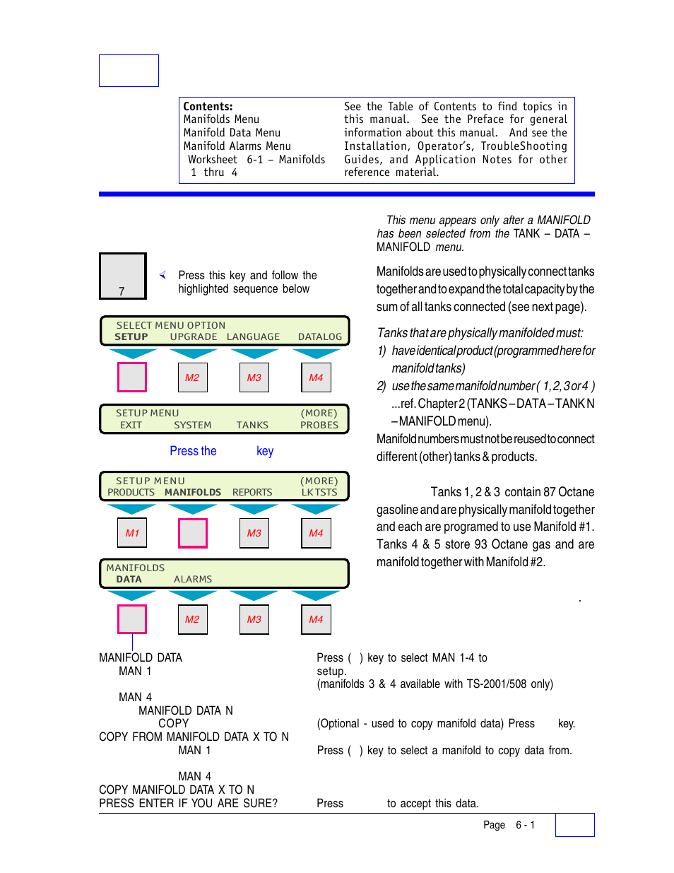 6 manifolds setup programming 6, Manifolds menu 6, 6manifolds setup programming | Manifolds menu | Franklin Fueling Systems Tank Sentinel (TS-1001, 2001, 504, 508 & 750) Setup Programming Guide User Manual | Page 46 / 184