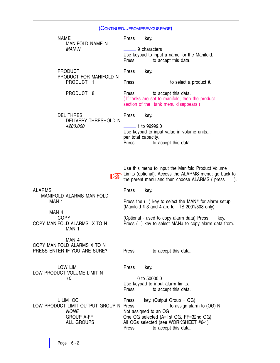 Manifolds alarms menu 6, Manifolds data menu | Franklin Fueling Systems Tank Sentinel (TS-1001, 2001, 504, 508 & 750) Setup Programming Guide User Manual | Page 47 / 184