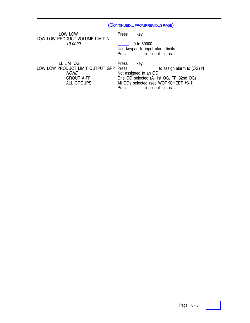Worksheet # 6 - 1 appears on the following page, Manifolds alarms menu | Franklin Fueling Systems Tank Sentinel (TS-1001, 2001, 504, 508 & 750) Setup Programming Guide User Manual | Page 48 / 184