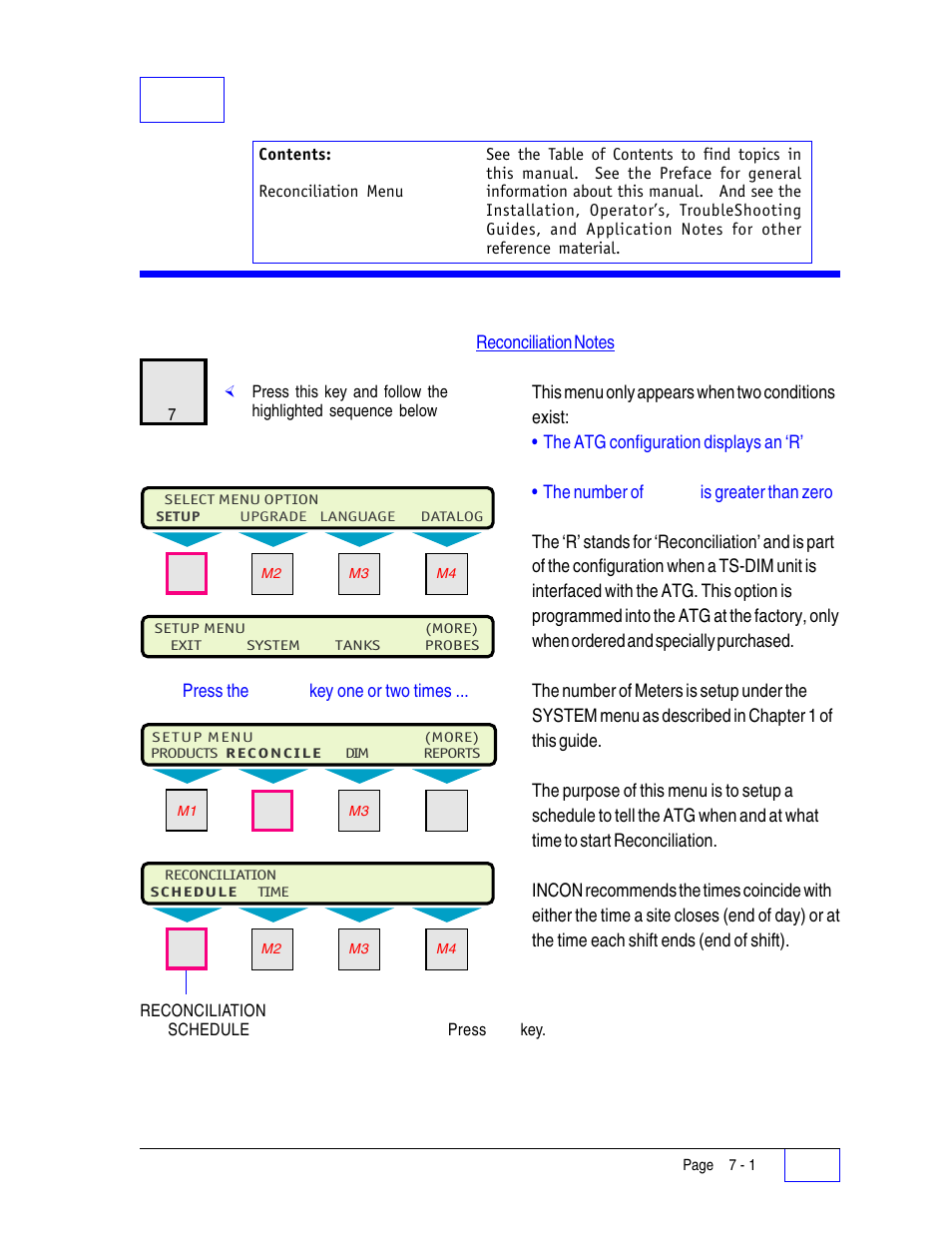 7 reconciliation setup programming 7, Reconciliation menu 7, 7reconciliation setup programming | Reconciliation menu | Franklin Fueling Systems Tank Sentinel (TS-1001, 2001, 504, 508 & 750) Setup Programming Guide User Manual | Page 51 / 184