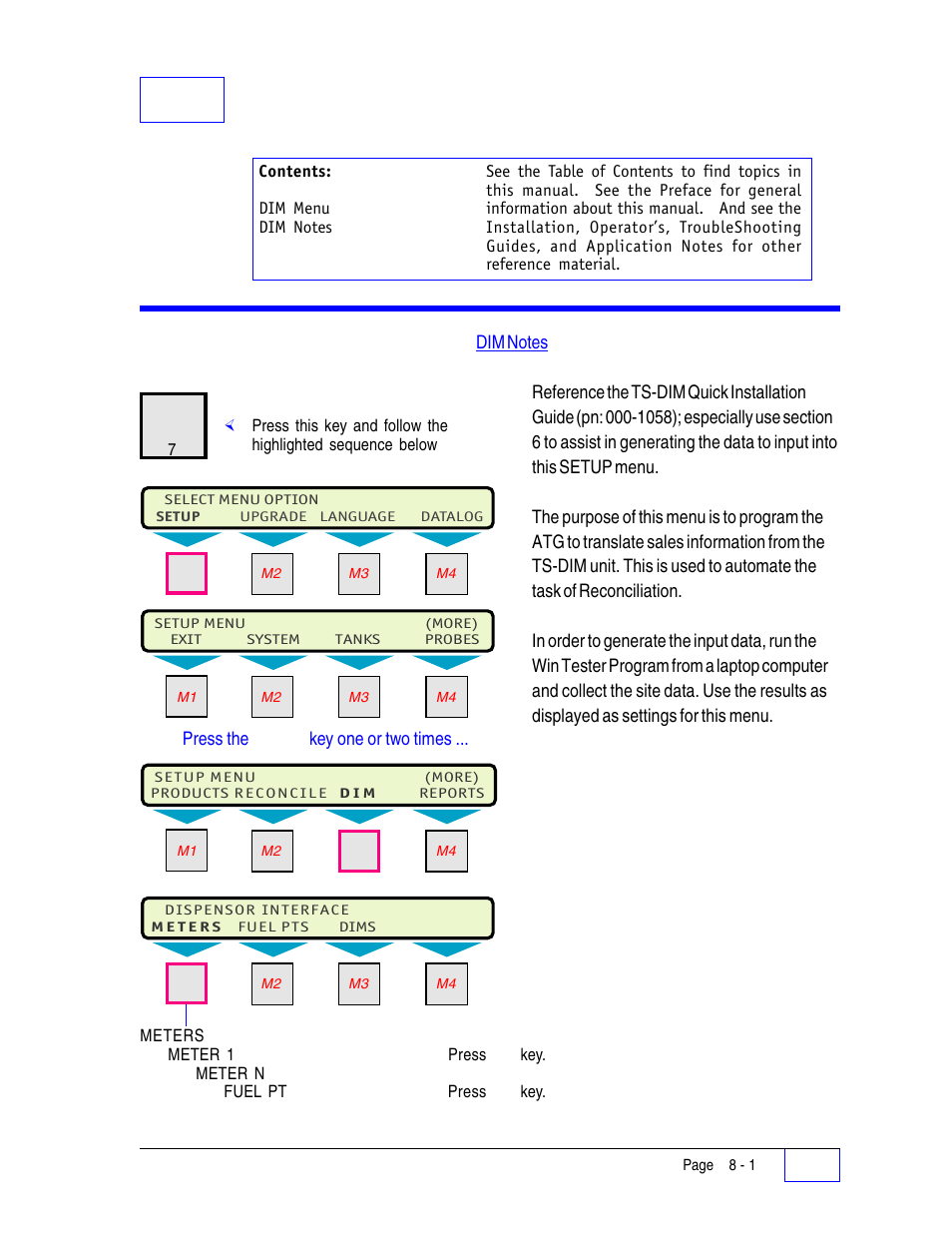 Dim menu 8, Dim menu | Franklin Fueling Systems Tank Sentinel (TS-1001, 2001, 504, 508 & 750) Setup Programming Guide User Manual | Page 53 / 184