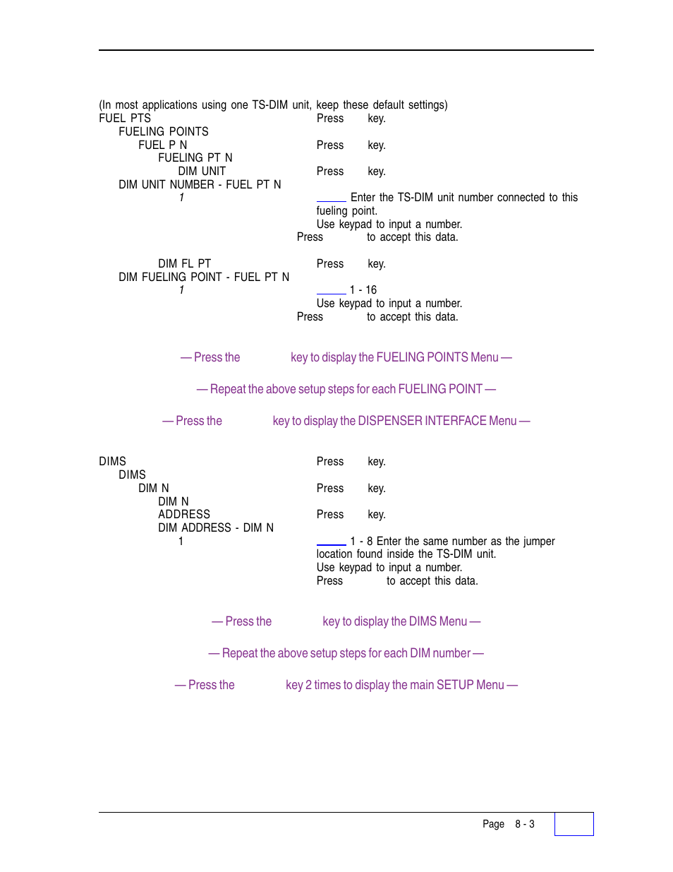 Dim menu (continued... from previous page) | Franklin Fueling Systems Tank Sentinel (TS-1001, 2001, 504, 508 & 750) Setup Programming Guide User Manual | Page 55 / 184