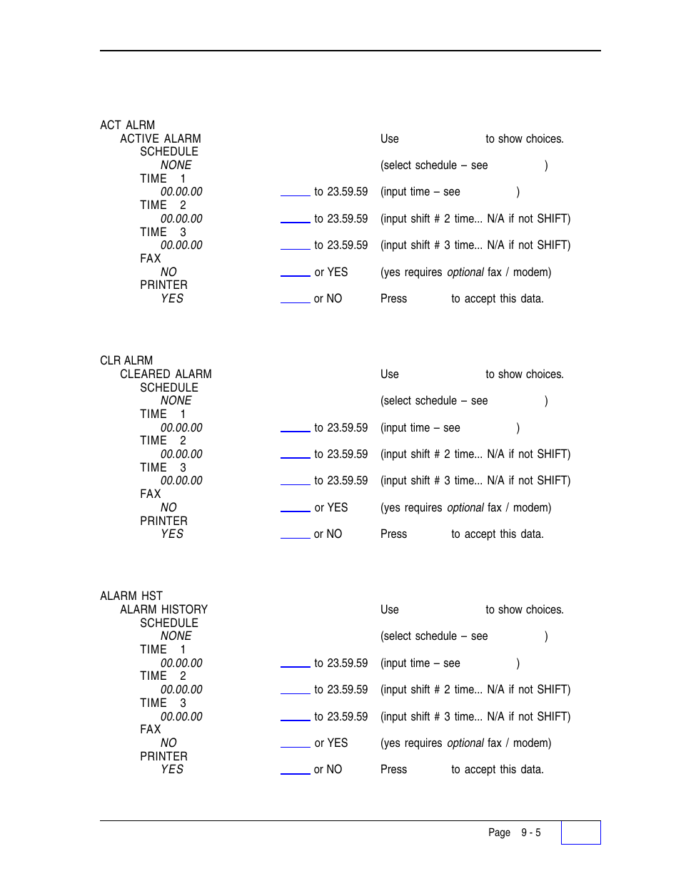 Active alarm report: 9, Cleared alarm report: 9, Alarm history report: 9 | Reports schedule menu (c | Franklin Fueling Systems Tank Sentinel (TS-1001, 2001, 504, 508 & 750) Setup Programming Guide User Manual | Page 61 / 184