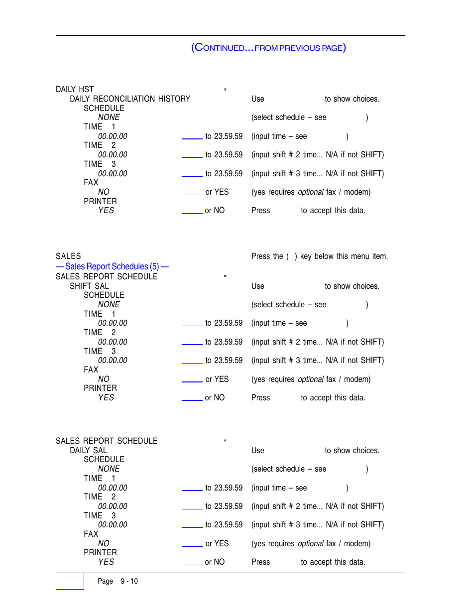 Daily reconciliation history report: 9, Shift sales report: 9, Daily sales report: 9 | Reports schedule menu (c | Franklin Fueling Systems Tank Sentinel (TS-1001, 2001, 504, 508 & 750) Setup Programming Guide User Manual | Page 66 / 184