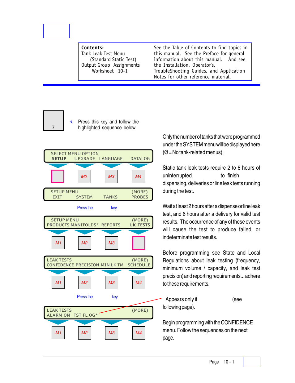 10 leak test setup programming 10, Leak test menu (static tank) 10, 10 leak test setup programming | Leak test menu (static tank) | Franklin Fueling Systems Tank Sentinel (TS-1001, 2001, 504, 508 & 750) Setup Programming Guide User Manual | Page 69 / 184