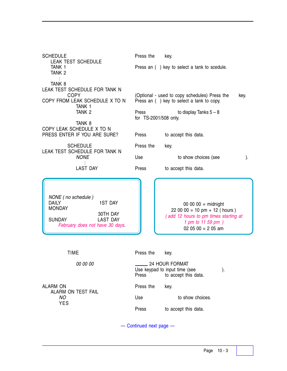 Table 10.1 typical test schedule 10, Table 10.2 24 hour time input format 10, Tank leak test menu (c | Franklin Fueling Systems Tank Sentinel (TS-1001, 2001, 504, 508 & 750) Setup Programming Guide User Manual | Page 71 / 184