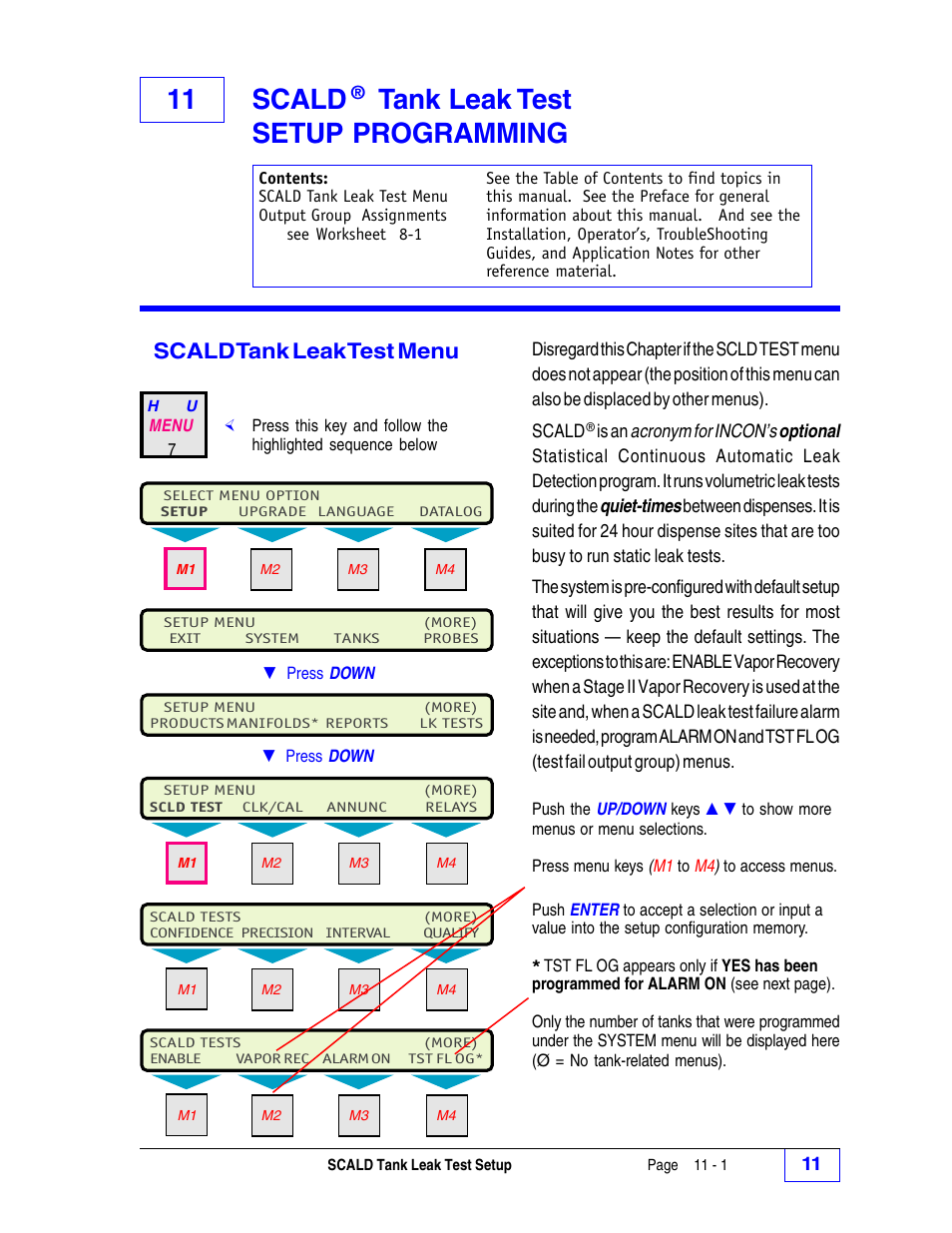 11 scald ® tank leak test setup programming 11, Scald tank leak test menu 11, 11 scald | Tank leak test setup programming, Scald tank leak test menu | Franklin Fueling Systems Tank Sentinel (TS-1001, 2001, 504, 508 & 750) Setup Programming Guide User Manual | Page 74 / 184