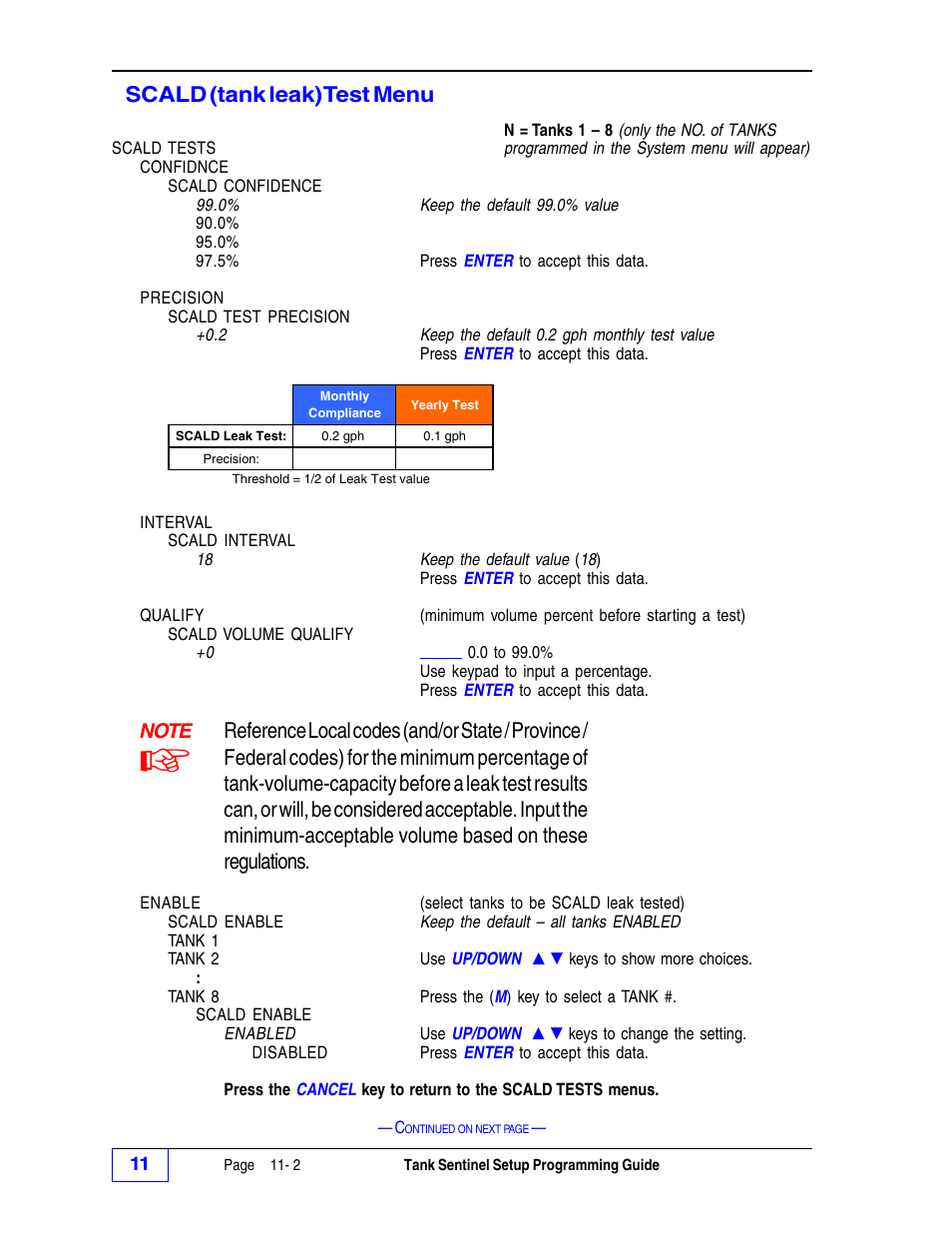 Scald (tank leak) test menu 11, Scald (tank leak) test menu | Franklin Fueling Systems Tank Sentinel (TS-1001, 2001, 504, 508 & 750) Setup Programming Guide User Manual | Page 75 / 184