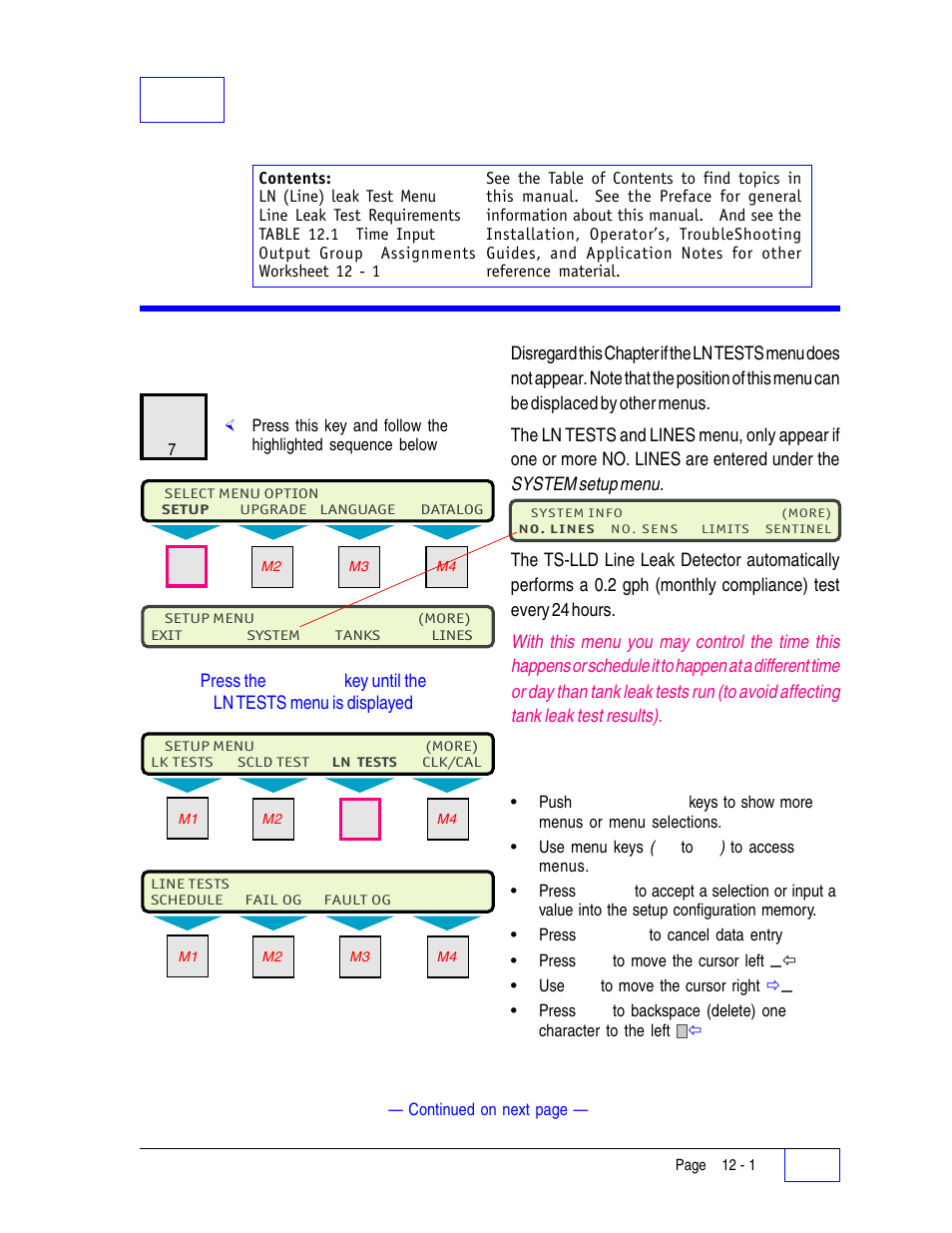12 line tests setup programming 12, Ln (line) tests menu 12, 12 line tests setup programming | Ln (line) tests menu | Franklin Fueling Systems Tank Sentinel (TS-1001, 2001, 504, 508 & 750) Setup Programming Guide User Manual | Page 77 / 184