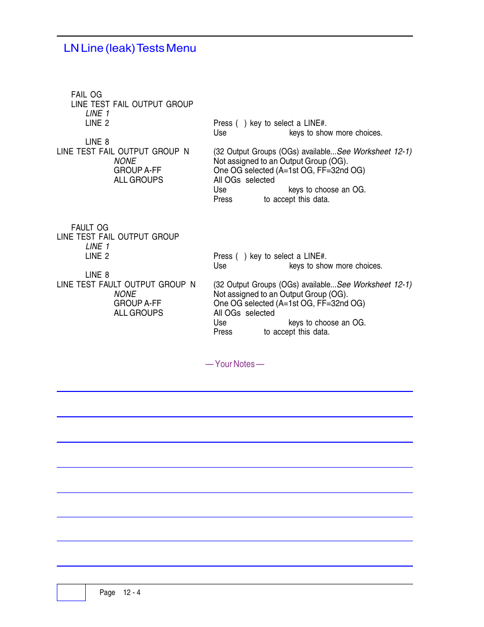 Ln line (leak) tests menu ( continued... ) | Franklin Fueling Systems Tank Sentinel (TS-1001, 2001, 504, 508 & 750) Setup Programming Guide User Manual | Page 80 / 184
