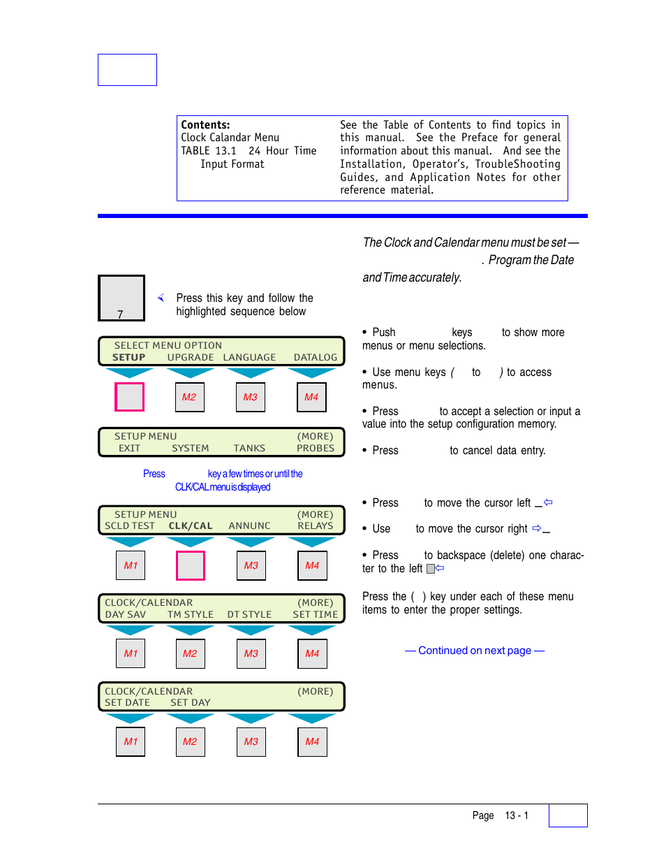13 clock / calendar setup programming 13, Clock / calendar menu 13, 13 clock / calendar setup programming | Clock / calendar menu | Franklin Fueling Systems Tank Sentinel (TS-1001, 2001, 504, 508 & 750) Setup Programming Guide User Manual | Page 82 / 184
