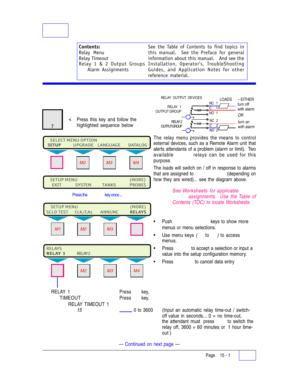 15 relays setup programming 15, Relay menu 15, 15 relays setup programming | Relay menu | Franklin Fueling Systems Tank Sentinel (TS-1001, 2001, 504, 508 & 750) Setup Programming Guide User Manual | Page 88 / 184