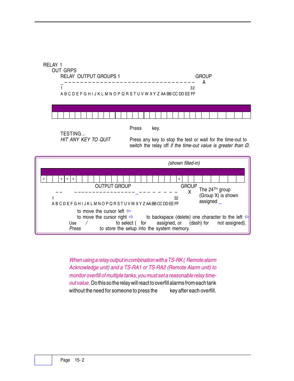 Relay 1 output group (alarm assignment) 15, Test relay 1 15, Relay menu (c | Relay 1 output group (alarm assignment), Key after each overfill | Franklin Fueling Systems Tank Sentinel (TS-1001, 2001, 504, 508 & 750) Setup Programming Guide User Manual | Page 89 / 184