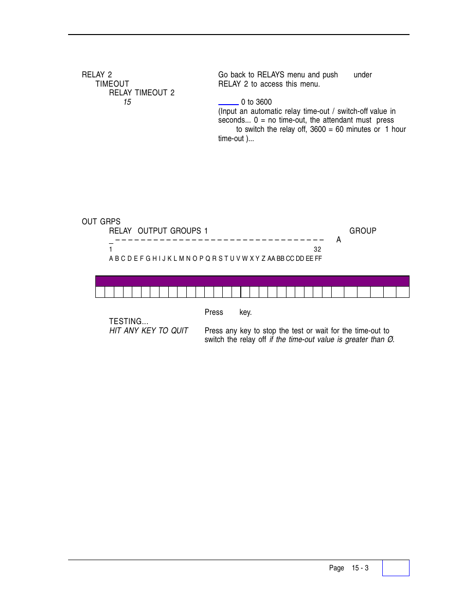 Relay 2 output group (alarm assignment) 15, Test relay 2 15, 15 relay menu (c | Relay 2 output group (alarm assignment) | Franklin Fueling Systems Tank Sentinel (TS-1001, 2001, 504, 508 & 750) Setup Programming Guide User Manual | Page 90 / 184